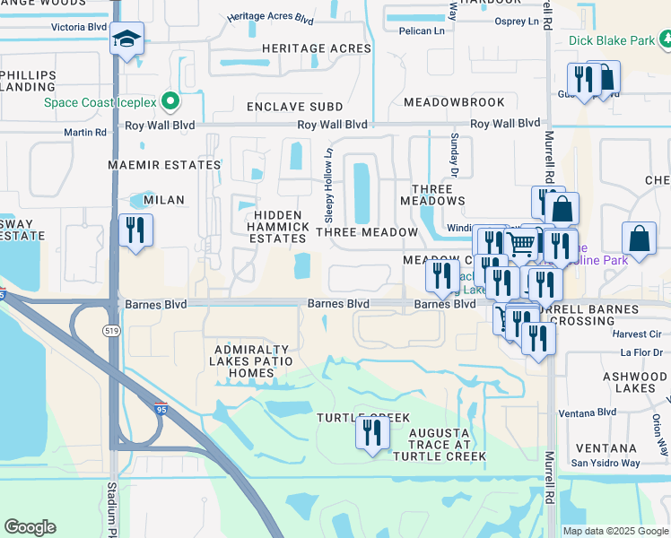 map of restaurants, bars, coffee shops, grocery stores, and more near 1375 Lara Circle in Rockledge