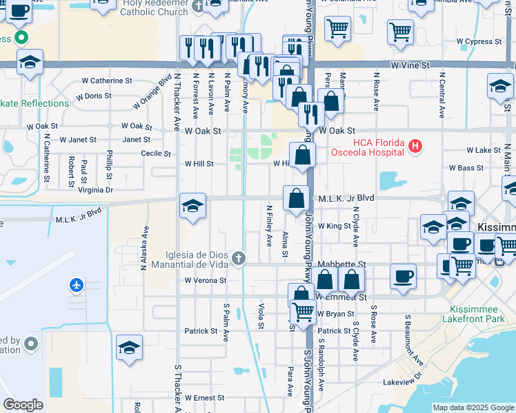 map of restaurants, bars, coffee shops, grocery stores, and more near 405 North Emory Avenue in Kissimmee