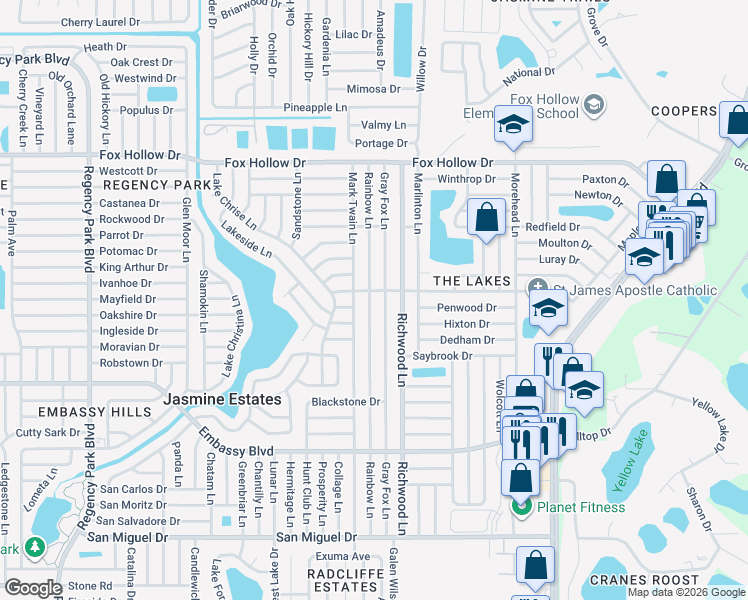 map of restaurants, bars, coffee shops, grocery stores, and more near 9630 Gray Fox Lane in Port Richey