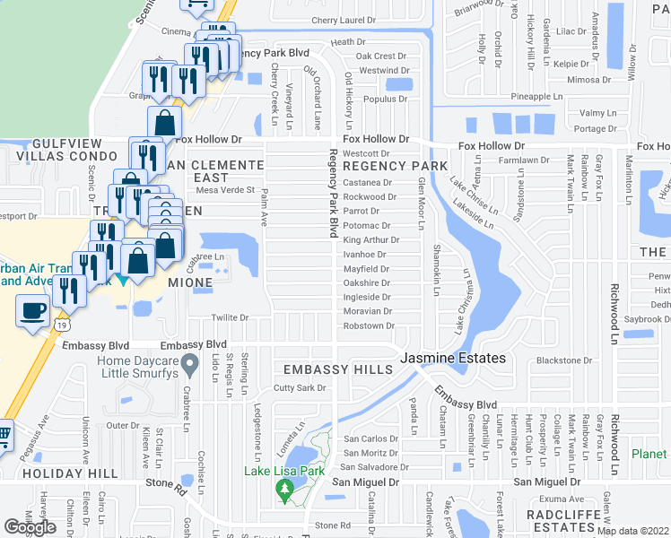 map of restaurants, bars, coffee shops, grocery stores, and more near 7200 Mayfield Drive in Port Richey