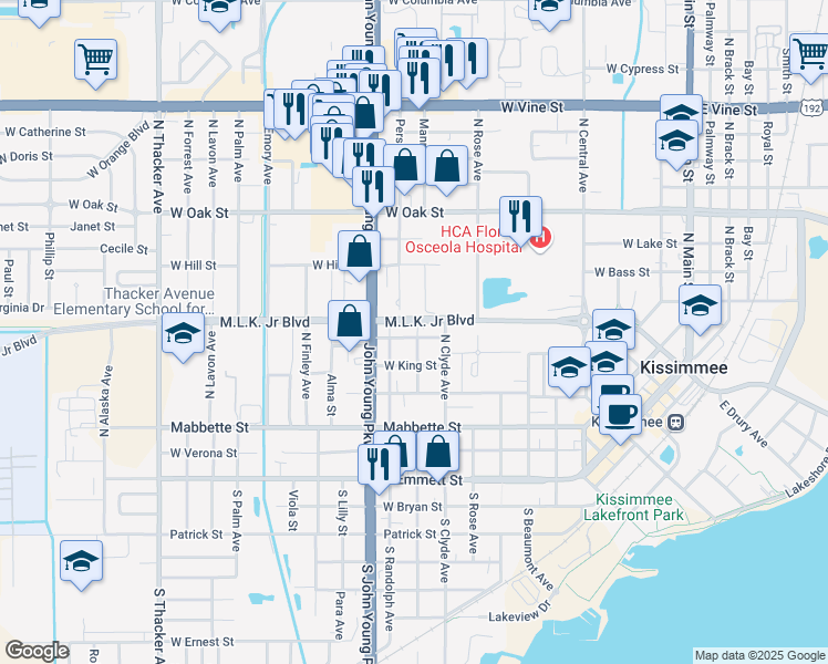 map of restaurants, bars, coffee shops, grocery stores, and more near 1007 Martin Luther King Junior Boulevard in Kissimmee