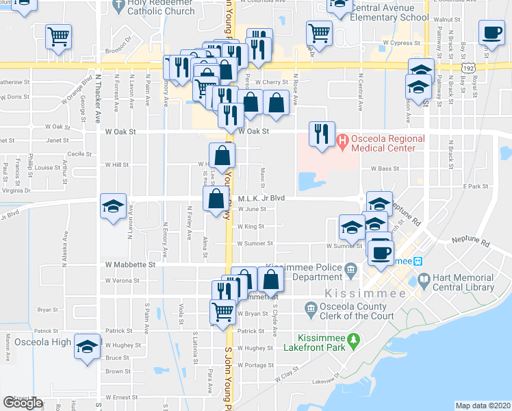map of restaurants, bars, coffee shops, grocery stores, and more near 1007 Martin Luther King Junior Boulevard in Kissimmee
