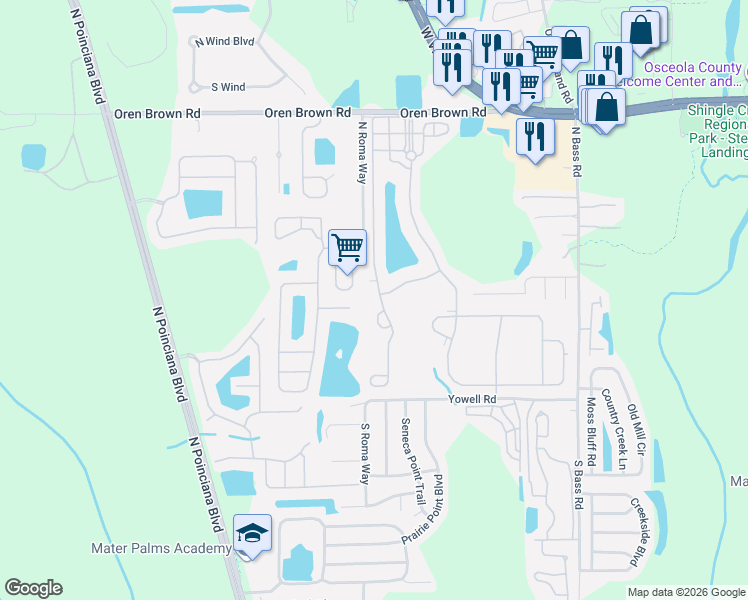 map of restaurants, bars, coffee shops, grocery stores, and more near 450 Las Fuentes Drive in Kissimmee