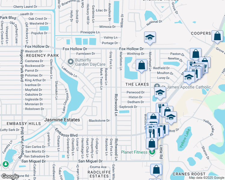 map of restaurants, bars, coffee shops, grocery stores, and more near 9610 Gray Fox Lane in Port Richey