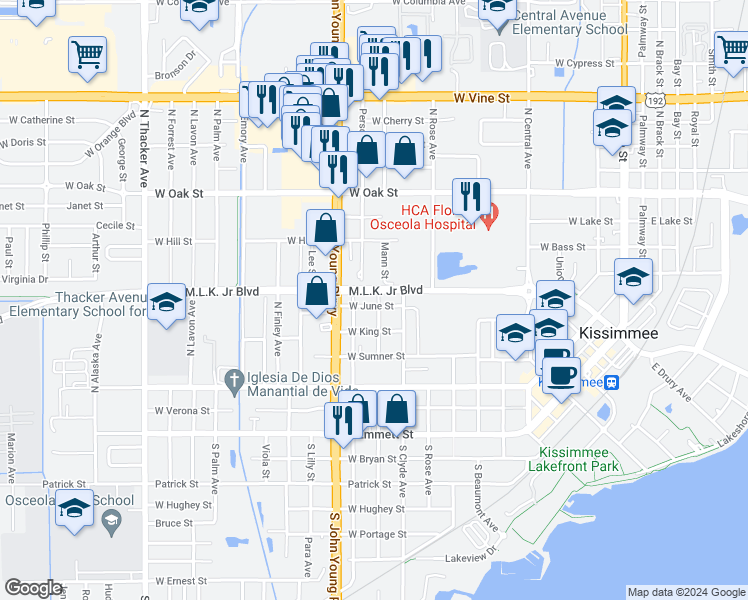 map of restaurants, bars, coffee shops, grocery stores, and more near 1003 West June Street in Kissimmee