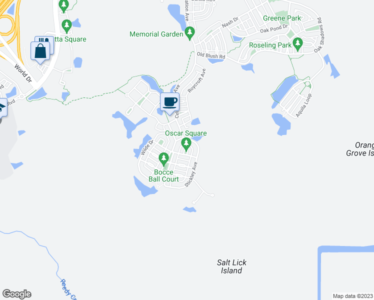 map of restaurants, bars, coffee shops, grocery stores, and more near 1198 Oscar Square in Celebration