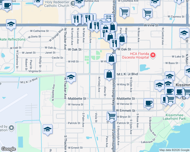 map of restaurants, bars, coffee shops, grocery stores, and more near 607 North Emory Avenue in Kissimmee