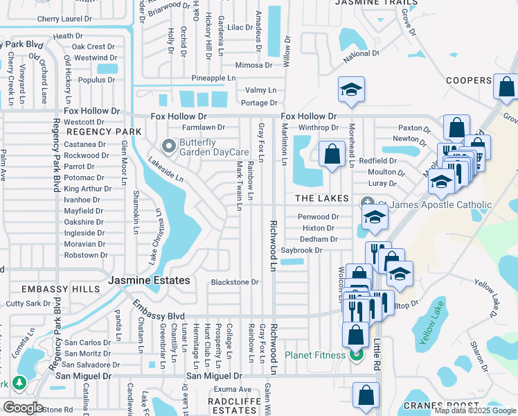 map of restaurants, bars, coffee shops, grocery stores, and more near 9615 Gray Fox Lane in Port Richey