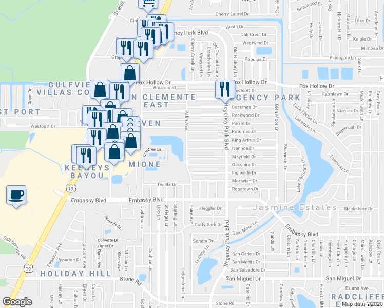 map of restaurants, bars, coffee shops, grocery stores, and more near 7015 Mayfield Drive in Port Richey