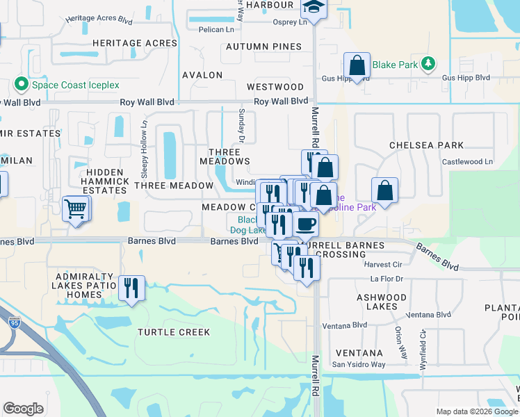 map of restaurants, bars, coffee shops, grocery stores, and more near 1201 Walnut Grove Way in Rockledge