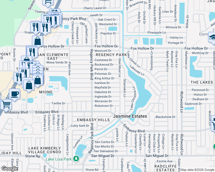 map of restaurants, bars, coffee shops, grocery stores, and more near 7321 Ivanhoe Drive in Port Richey