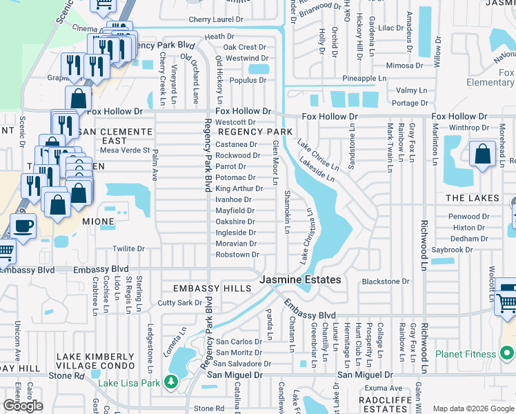 map of restaurants, bars, coffee shops, grocery stores, and more near 7415 Ivanhoe Drive in Port Richey