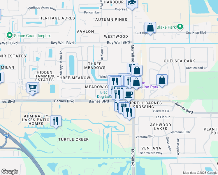 map of restaurants, bars, coffee shops, grocery stores, and more near 1201 Walnut Grove Way in Rockledge
