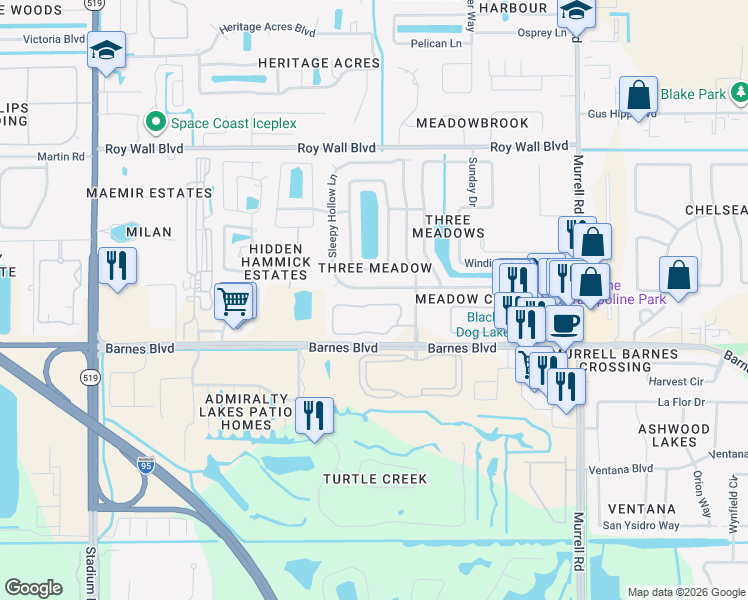 map of restaurants, bars, coffee shops, grocery stores, and more near 1247 Walnut Grove Way in Rockledge
