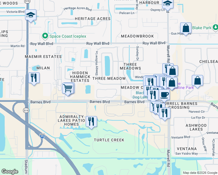 map of restaurants, bars, coffee shops, grocery stores, and more near 1247 Walnut Grove Way in Rockledge