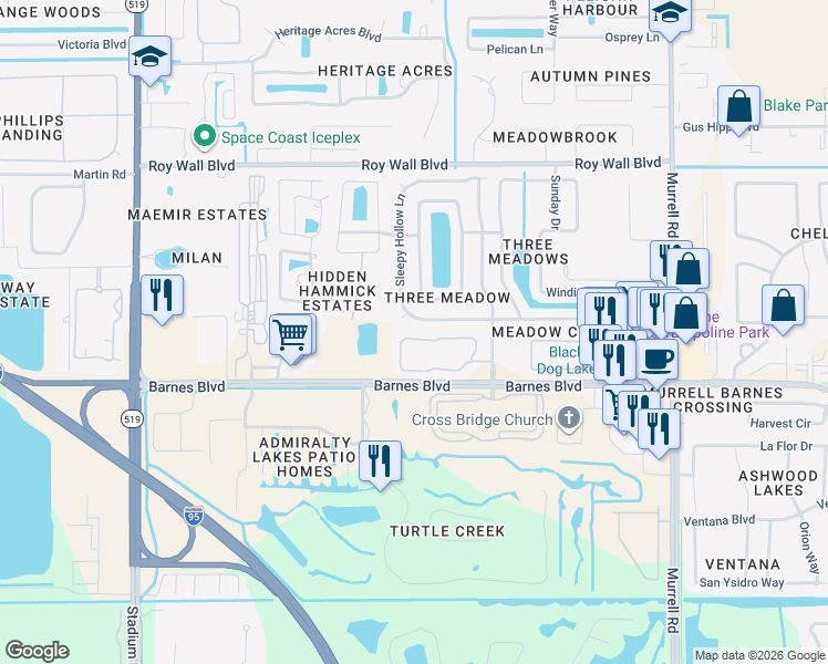 map of restaurants, bars, coffee shops, grocery stores, and more near 1247 Walnut Grove Way in Rockledge