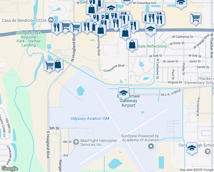 map of restaurants, bars, coffee shops, grocery stores, and more near 301 Dyer Boulevard in Kissimmee