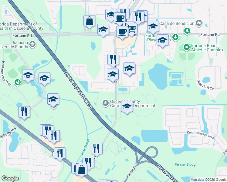 map of restaurants, bars, coffee shops, grocery stores, and more near 520 Simpson Road in Kissimmee