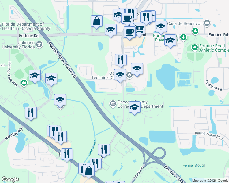 map of restaurants, bars, coffee shops, grocery stores, and more near 737 Country Woods Circle in Kissimmee