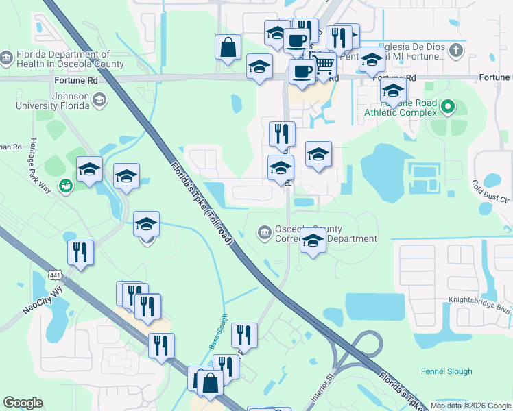 map of restaurants, bars, coffee shops, grocery stores, and more near 737 Country Woods Circle in Kissimmee