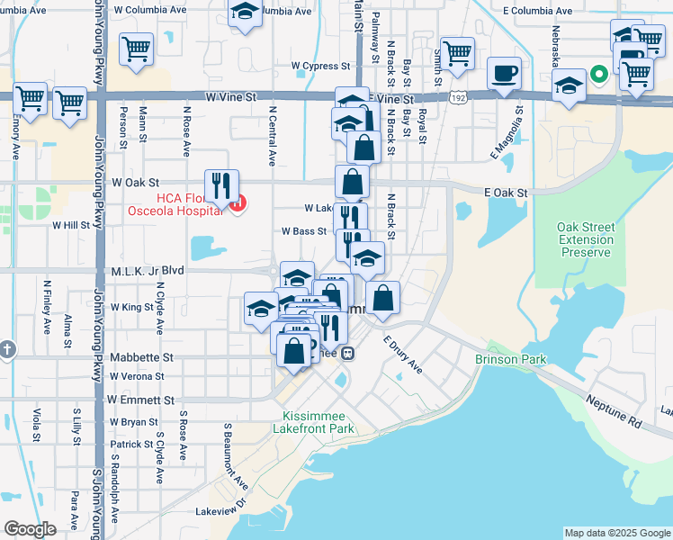 map of restaurants, bars, coffee shops, grocery stores, and more near 319 Mitchell Street in Kissimmee