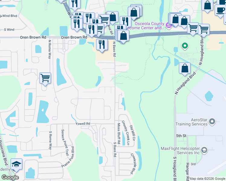 map of restaurants, bars, coffee shops, grocery stores, and more near 601 Abaco Court in Kissimmee