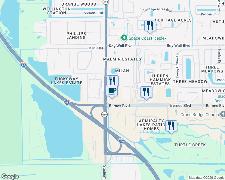 map of restaurants, bars, coffee shops, grocery stores, and more near 3780 South Fiske Boulevard in Rockledge