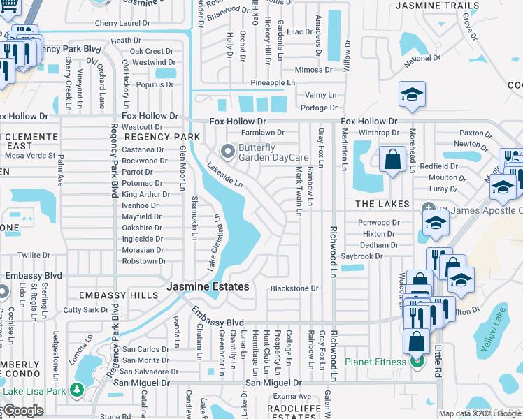 map of restaurants, bars, coffee shops, grocery stores, and more near 9625 Lakeside Lane in Port Richey