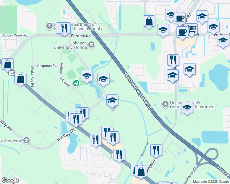 map of restaurants, bars, coffee shops, grocery stores, and more near 801 Bill Beck Boulevard in Kissimmee