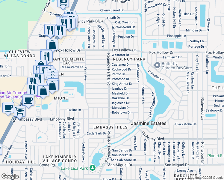 map of restaurants, bars, coffee shops, grocery stores, and more near 7221 Ivanhoe Drive in Port Richey