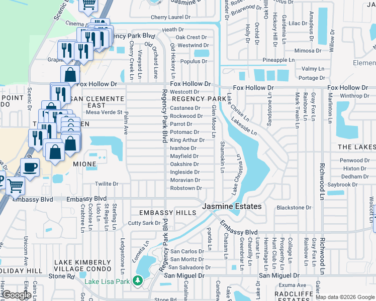 map of restaurants, bars, coffee shops, grocery stores, and more near 7321 Ivanhoe Drive in Port Richey