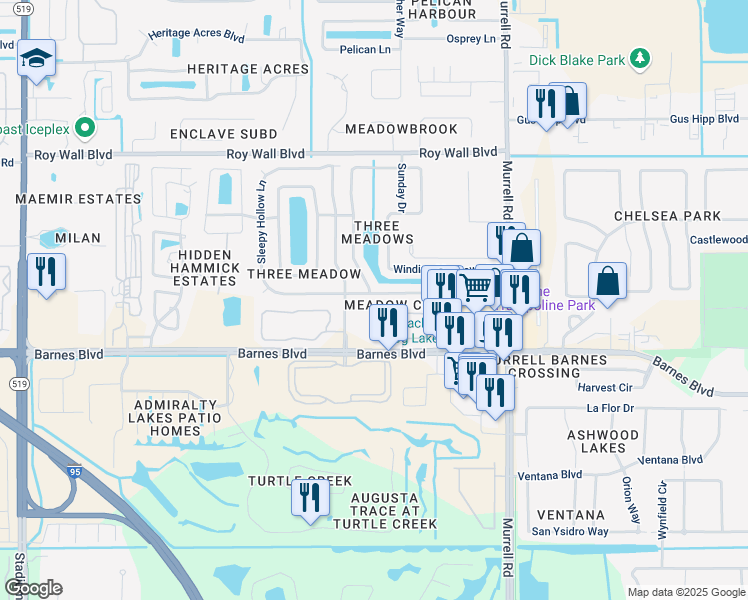 map of restaurants, bars, coffee shops, grocery stores, and more near 1219 Walnut Grove Way in Rockledge