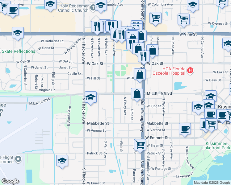 map of restaurants, bars, coffee shops, grocery stores, and more near 607 North Emory Avenue in Kissimmee