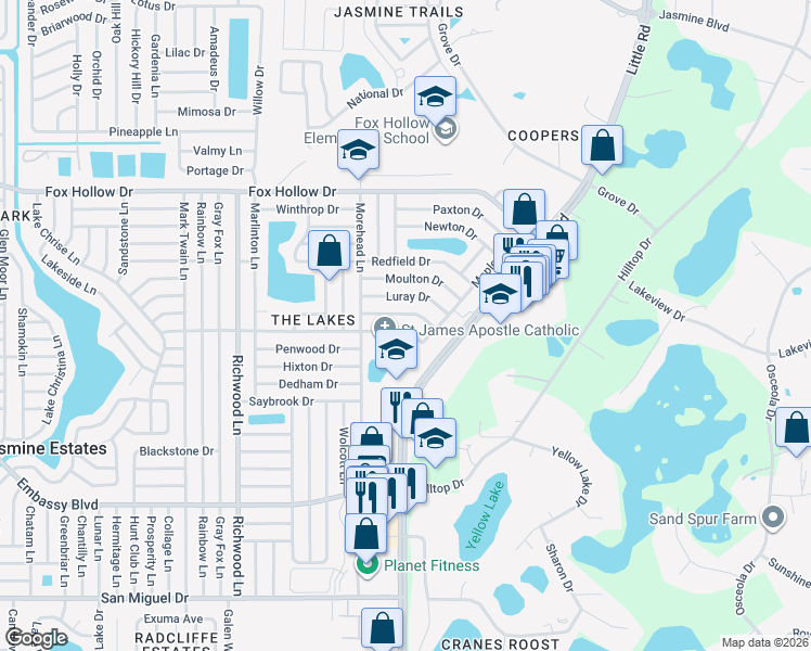map of restaurants, bars, coffee shops, grocery stores, and more near 8414 Corney Drive in Port Richey