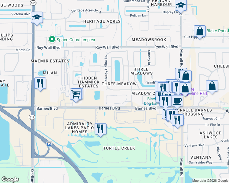 map of restaurants, bars, coffee shops, grocery stores, and more near 1247 Walnut Grove Way in Rockledge