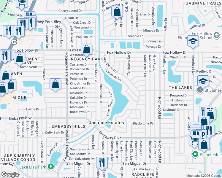 map of restaurants, bars, coffee shops, grocery stores, and more near 9616 Lake Christina Lane in Port Richey