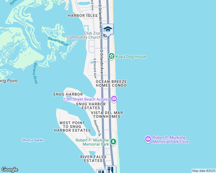 map of restaurants, bars, coffee shops, grocery stores, and more near 1180 South Atlantic Avenue in Cocoa Beach