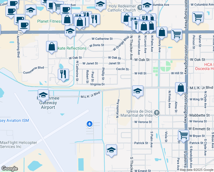 map of restaurants, bars, coffee shops, grocery stores, and more near 2336 Virginia Drive in Kissimmee