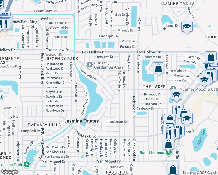 map of restaurants, bars, coffee shops, grocery stores, and more near 9629 Lake Chrise Ln in Port Richey
