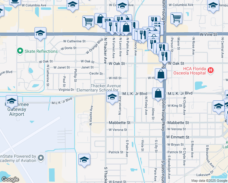 map of restaurants, bars, coffee shops, grocery stores, and more near 607 North Forrest Avenue in Kissimmee