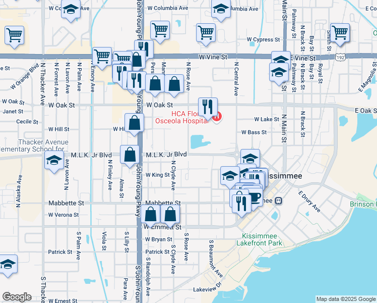 map of restaurants, bars, coffee shops, grocery stores, and more near 599 North Rose Avenue in Kissimmee