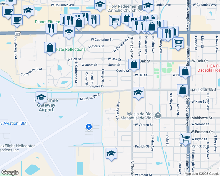 map of restaurants, bars, coffee shops, grocery stores, and more near 2336 Virginia Drive in Kissimmee