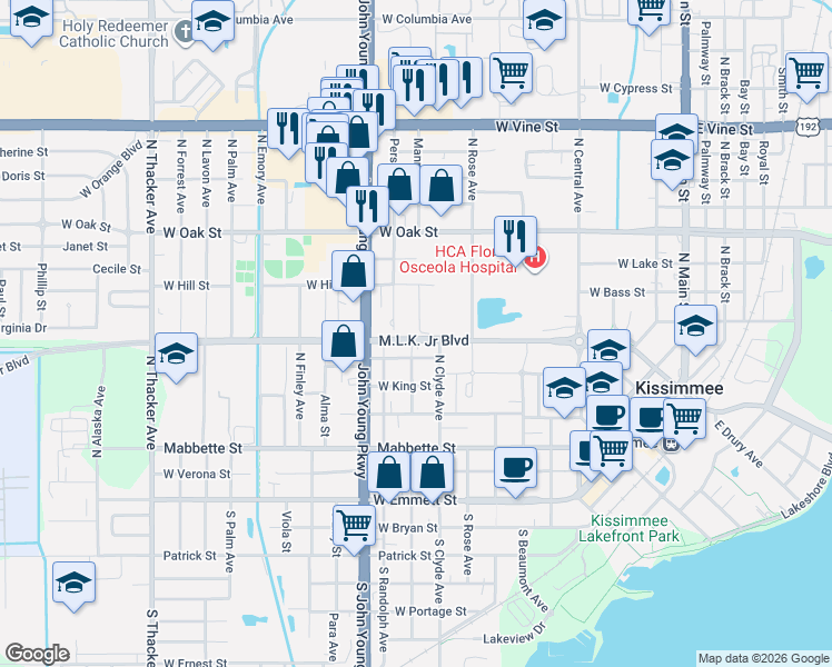 map of restaurants, bars, coffee shops, grocery stores, and more near 1007 Martin Luther King Junior Boulevard in Kissimmee