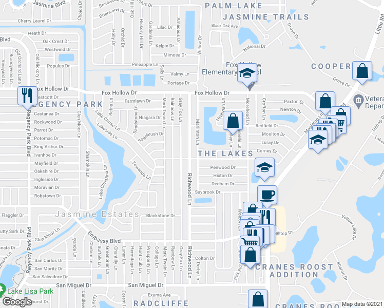 map of restaurants, bars, coffee shops, grocery stores, and more near 9636 Richwood Lane in Port Richey