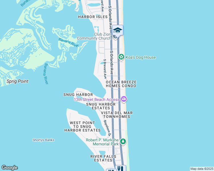 map of restaurants, bars, coffee shops, grocery stores, and more near 1150 South Orlando Avenue in Cocoa Beach