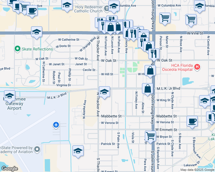 map of restaurants, bars, coffee shops, grocery stores, and more near 607 North Forrest Avenue in Kissimmee