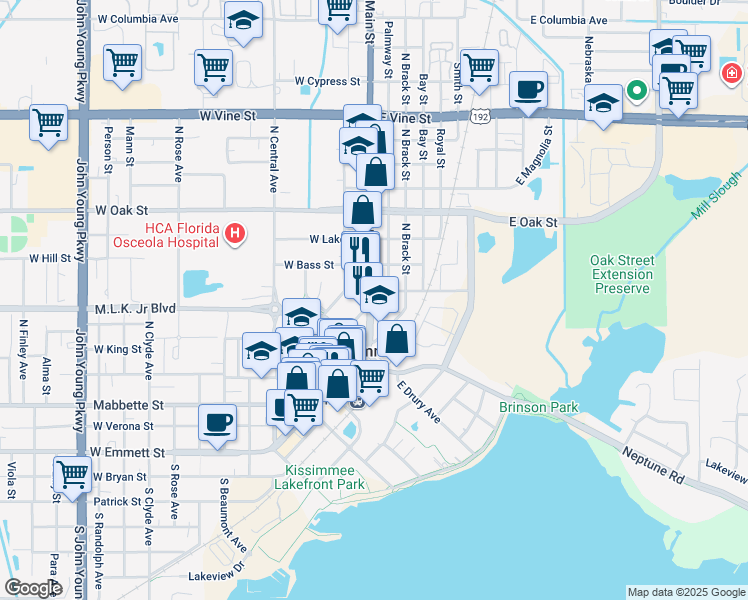 map of restaurants, bars, coffee shops, grocery stores, and more near 619 North Main Street in Kissimmee