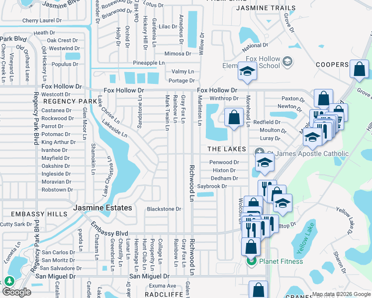 map of restaurants, bars, coffee shops, grocery stores, and more near 9630 Gray Fox Lane in Port Richey