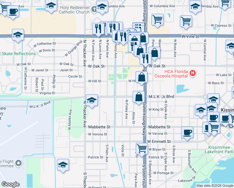 map of restaurants, bars, coffee shops, grocery stores, and more near 607 North Emory Avenue in Kissimmee