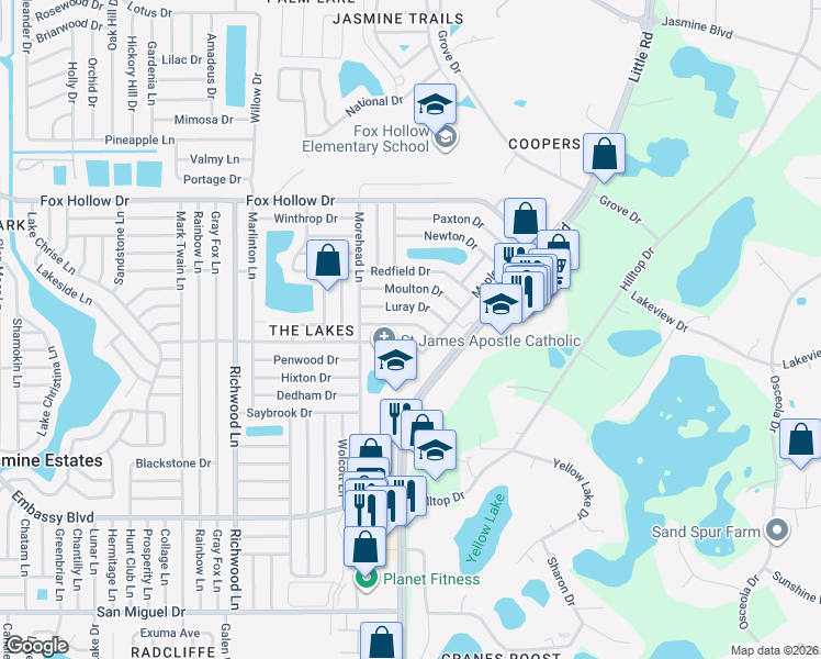 map of restaurants, bars, coffee shops, grocery stores, and more near 8414 Corney Drive in Port Richey